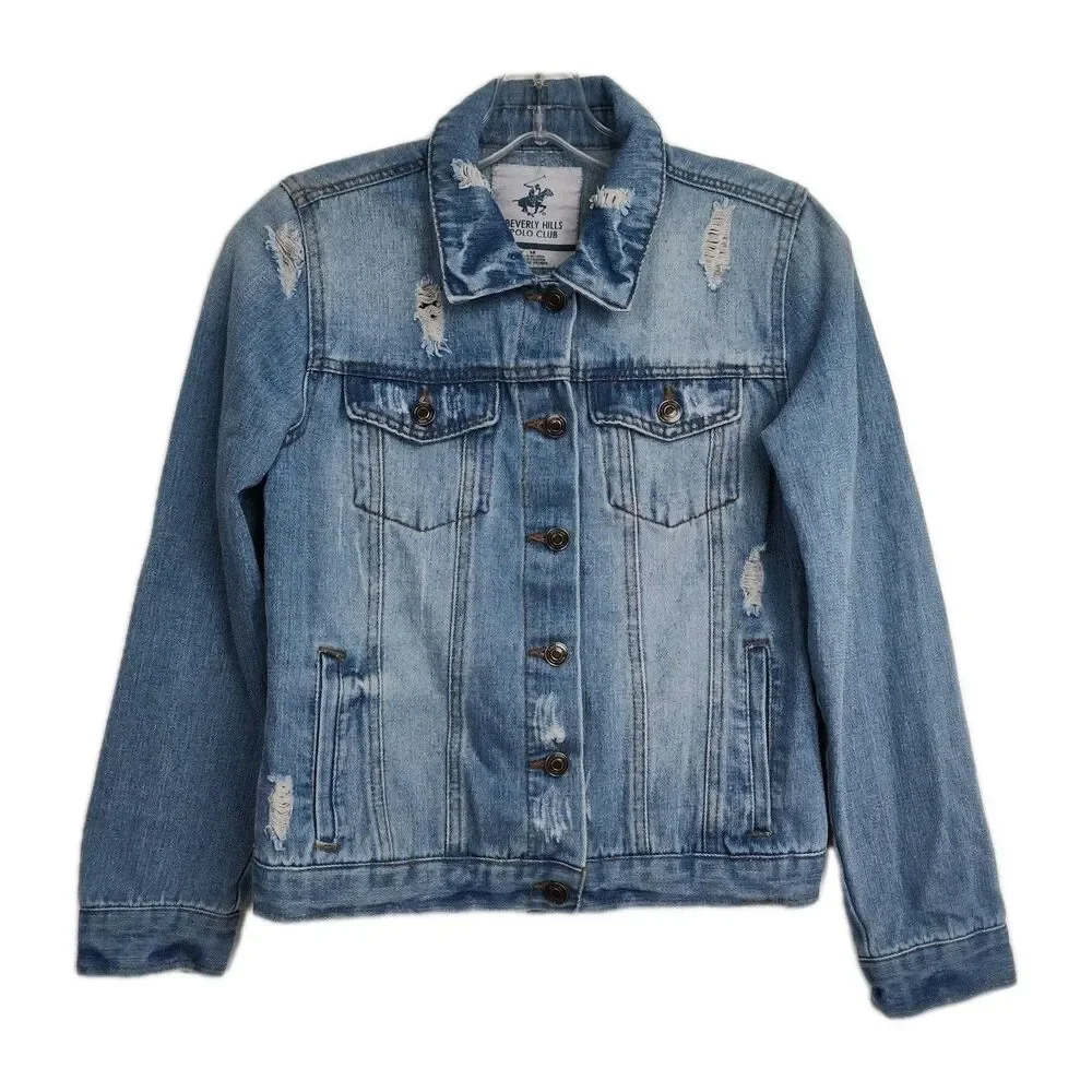 Beverly Hills Polo Club Denim Jacket Girls Size 14 Blue Distressed Button Close